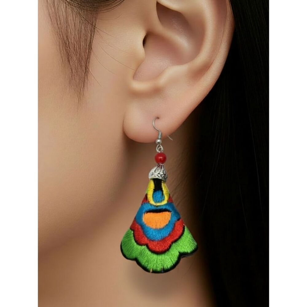 Handmade Colorful Embroidered Harmony Earrings Tribal Tulip Fabric Fan Artisan